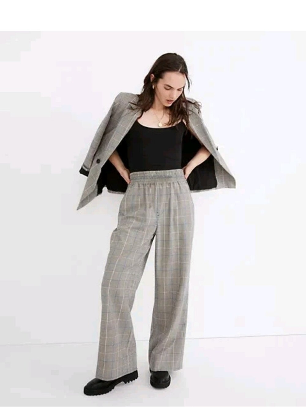MADEWELL Carley Wide Leg Pants Plaid Gray Pull-on Preppy Comfort Pockets Medium